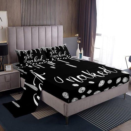 Get Naked Sheet Set King Size,Sliver Diamond Glitter Print Bedding Set Teens Girls Women Couple Room Decor,Valentine's Day Funny Quotes Fitted Sheet Luxury Black Top Flat Sheet,2 Pillowcases