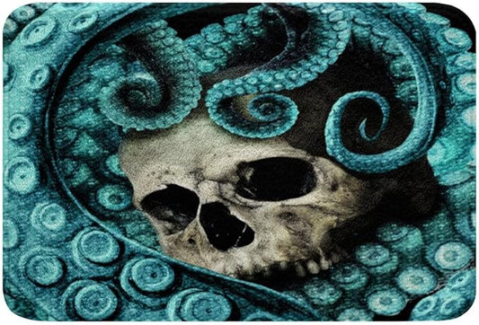 Octopus Skull Bath Rugs for Bathroom Teal Octopus Tentacles Slip-Resistant Shag Bath Rugs Mat Ocean Marine Kraken Skeleton Decor Soft Absorbent Bath Rug for Shower Room Living Room Rugs 20"x32"