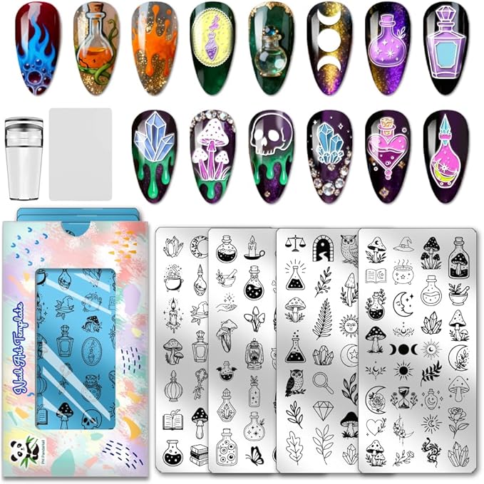 PH PandaHall 4pcs Magic Theme Nail Stamping Plates Magic Potion Crystal Nail Art Templates Mushroom Skull Manicure Art Stencils Owl Sun Moon Nails Design Stamp for Women Manicures Salon DIY Printing
