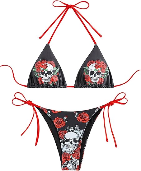 Women's 2 Piece Skull Halter Triangle Tie Side Bikini Set Sexy Cheeky Swimsuit