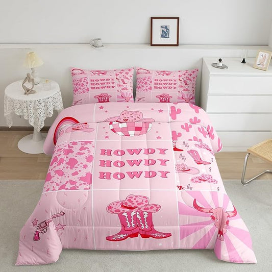 Feelyou Western Decor Comforter Set Twin Size Wild Western Cowboy Comforter Set for Boys Girls Teens Cow Skull Bedding Set Rodeo Cowboy Style Duvet Set Pink Rose Quilt Set