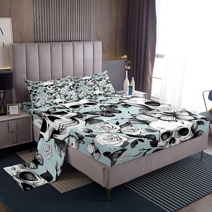 Feelyou Skull Decor Bed Sheet Set Death Moth Bed Sheets Skeleton Bones Sheets Gothic Sheet Set for Adults and Teens Microfiber Full