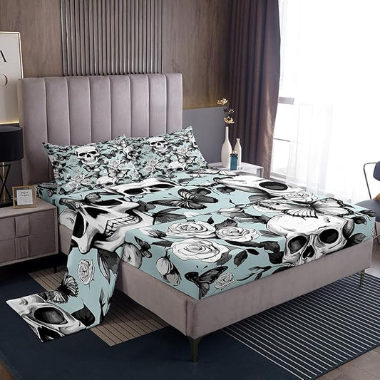 Feelyou Skull Decor Bed Sheet Set Death Moth Bed Sheets Skeleton Bones Sheets Gothic Sheet Set for Adults and Teens Microfiber Full