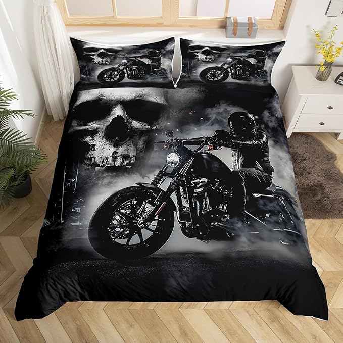 Black Motorcycle Rider Comforter Cover Set Gray Skull and Mist Decor Duvet Cover Full Size,Extreme Sport for Boys Teens Men Bedding Set Microfiber Polyester Chic Quilt Cover Set