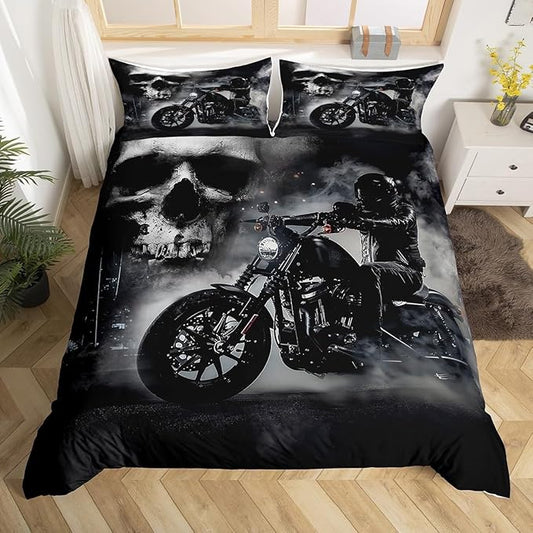 Black Motorcycle Rider Comforter Cover Set Gray Skull and Mist Decor Duvet Cover Full Size,Extreme Sport for Boys Teens Men Bedding Set Microfiber Polyester Chic Quilt Cover Set