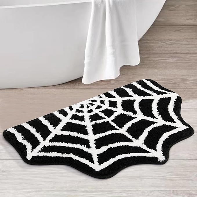 Estmy Gothic Bath Mat Spider Web Black Halloween Bathroom Rugs Non Slip Washable, 16x24 Funky Spooky Cute Fun Bath Mat Shower Rugs Halloween Bathroom Decor Ultra Soft Great Absorbency