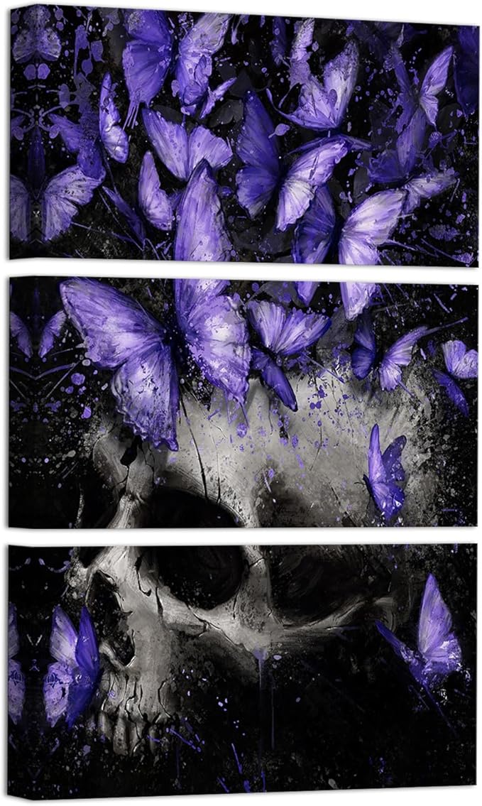 WELMECO Skull with Butterfly Canvas Wall Art Gothic Bathroom Decor 8x16inchx3Pieces (Purple)