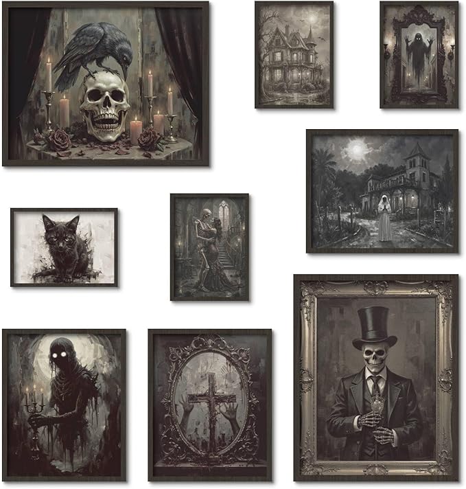 Putuo Decor Dark Academia Gothic Wall Art, 9pc Creepy Aesthetic Posters - Skeleton, Skull, Haunted Mansion, Spooky Figures & Ghost Print, Horror Canvas Decor for Halloween (Unframed)