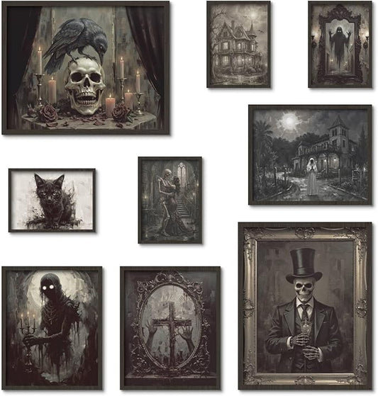 Putuo Decor Dark Academia Gothic Wall Art, 9pc Creepy Aesthetic Posters - Skeleton, Skull, Haunted Mansion, Spooky Figures & Ghost Print, Horror Canvas Decor for Halloween (Unframed)