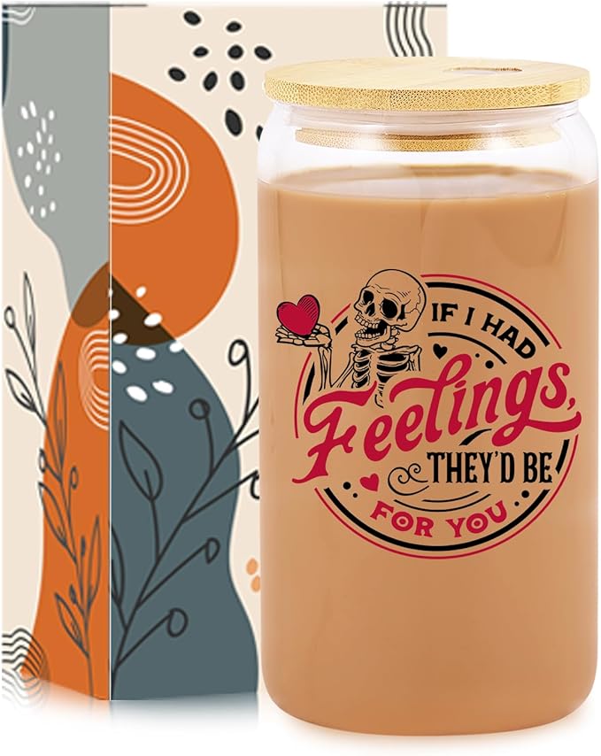 Funny Halloween Cup – 16oz Skeleton Glass Tumbler with Lid & Straw – Boo Basket Stuffer for Women, Gag Gothic Romantic Gift for Her, Girlfriend, Wife – Spooky Skull Drinkware for Halloween Decor