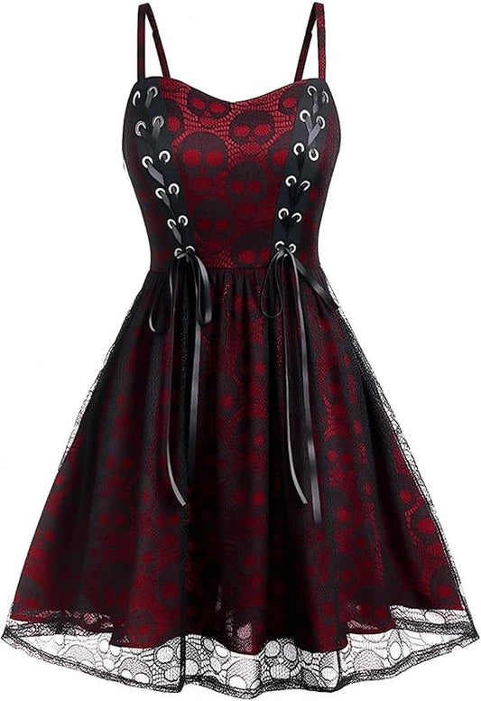 Gothic Clothes Punk Halloween Lace Skeleton Net Sleeveless Strap Drawstring Goth Clothes for Women and Girl（WineRed）