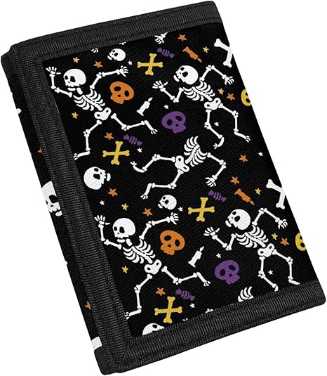 Coldinair Halloween Skeleton Print RFID Trifold Canvas Wallet Credit Card Holder for Outdoor for Women Kids Boys Girls Teens Skull Candy and Stars -Black