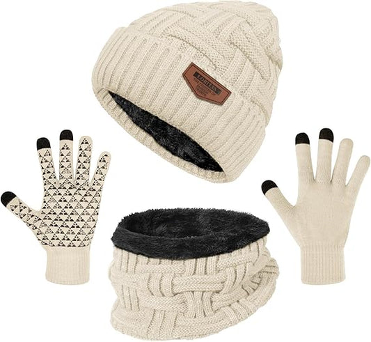 3-Pieces Winter Beanie Hat Scarf and Touch Screen Gloves Set Warm Knit Skull Cap for Men Women