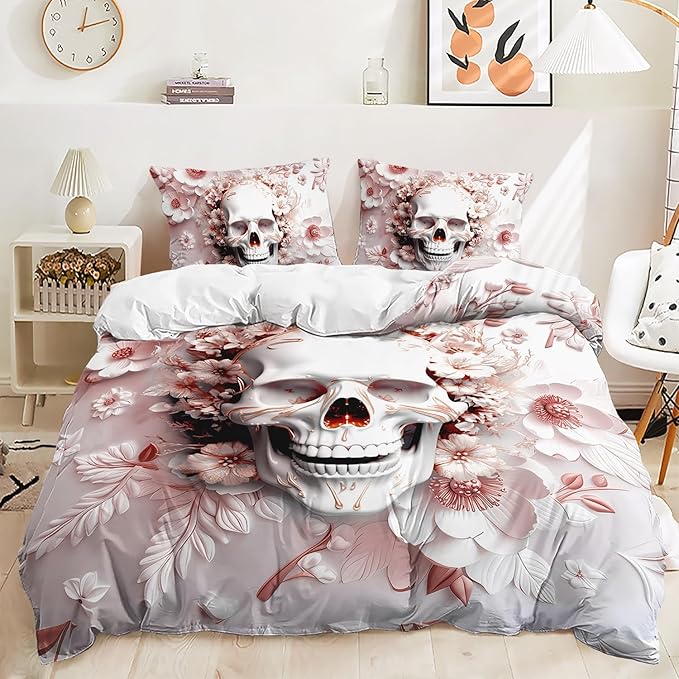 AILONEN Girls Pink Skull Duvet Cover Set Queen Size,Sugar Skull Bedding Set,Floral Skeleton Comforter Cover with 2 Pillowcases,3 Pieces