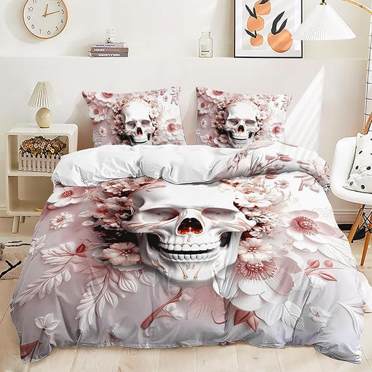 AILONEN Girls Pink Skull Duvet Cover Set Queen Size,Sugar Skull Bedding Set,Floral Skeleton Comforter Cover with 2 Pillowcases,3 Pieces