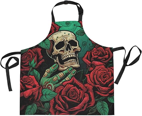 Red Rose Skull Kitchen Chef Apron Waitress Aprons with 2 Pockets for Women Boys Cooking Baking