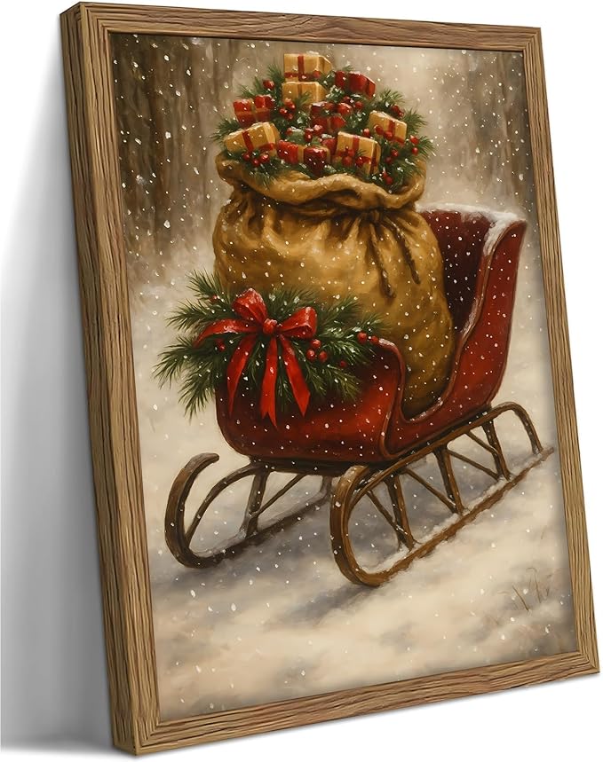 Framed Christmas Sleigh Wall Art, Vintage Sleigh Loaded with Christmas Gifts Canvas Prints, Rustic Holiday Decor, Winter Christmas Pictures Wall Decor for Home Living Room – 12x16in