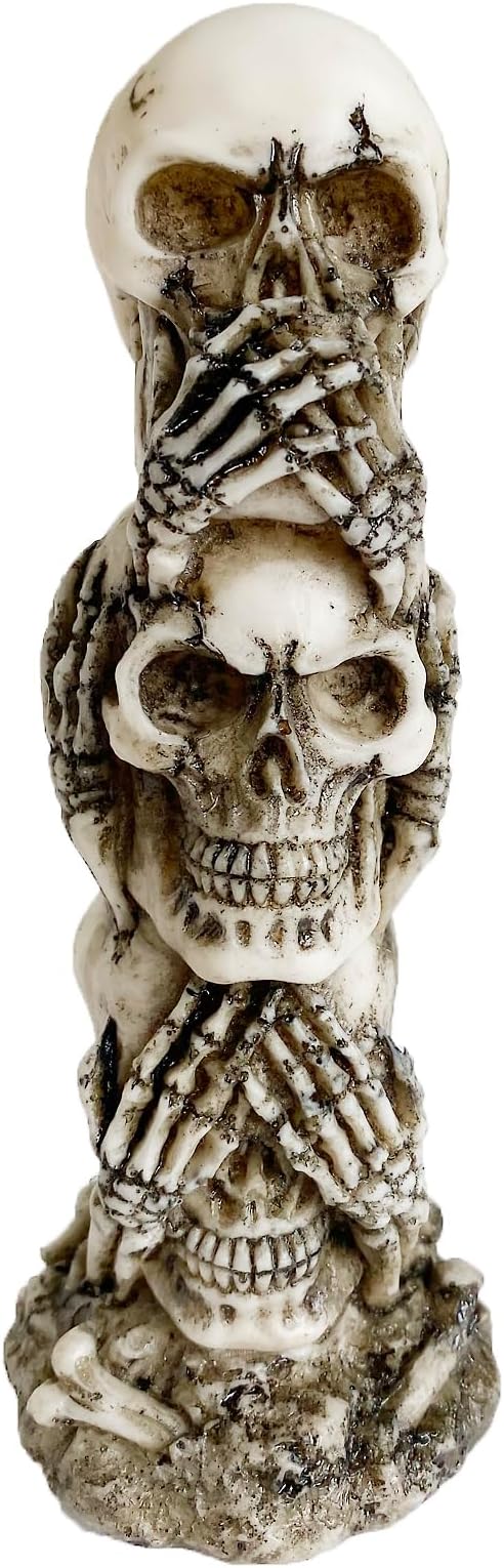 Stacked Three Wise Skulls Statue - See Hear Speak No Evil Gothic Home Decor, Halloween & Horror Collectible Goth, Punk, Alternative Tabletop Decoration (7 inches Tall)