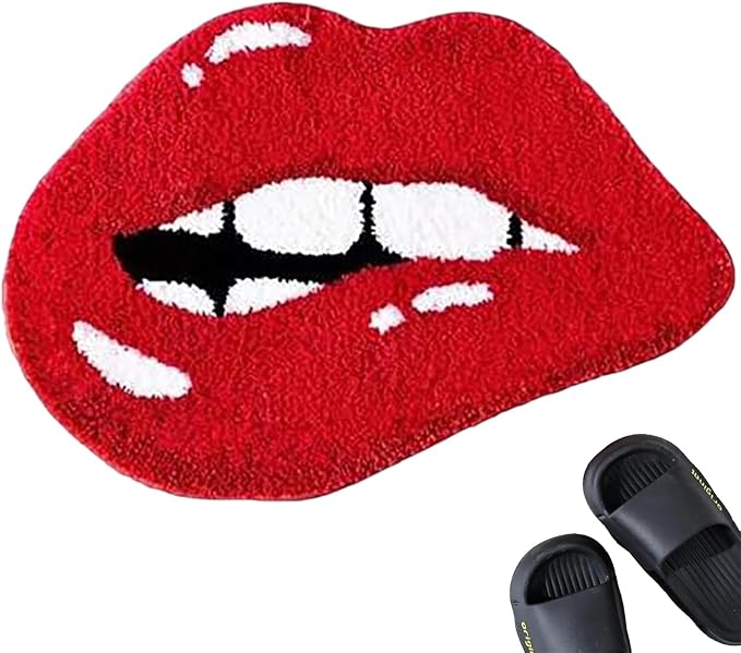 AUOCATTAIL Red Lips Bath Mat Funny Lips Shaped Bathroom Rug Faux Cashmere Non-Slip Washable Small Area Rugs for Valentine's Day Halloween Party Door Bathroom Bathtub Decor Supplies