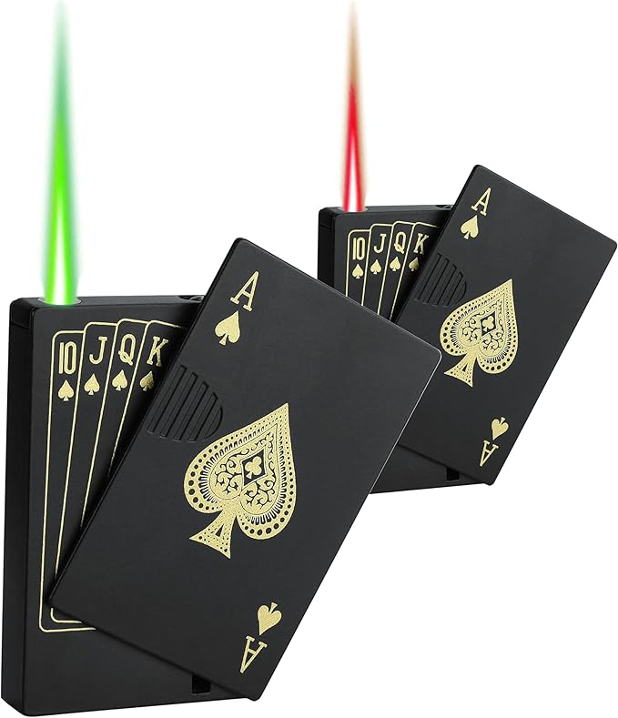 Jet Torch Lighter, 2 Pack, Green+Red Flame Ace Card Lighter, Cool Lighter Windproof Poker Design, Refillable Butane, for Outdoor, Indoor, Camping, BBQ, Candle, Birthday, Gift (Without Gas)