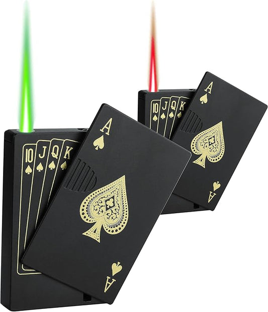 Jet Torch Lighter, 2 Pack, Green+Red Flame Ace Card Lighter, Cool Lighter Windproof Poker Design, Refillable Butane, for Outdoor, Indoor, Camping, BBQ, Candle, Birthday, Gift (Without Gas)