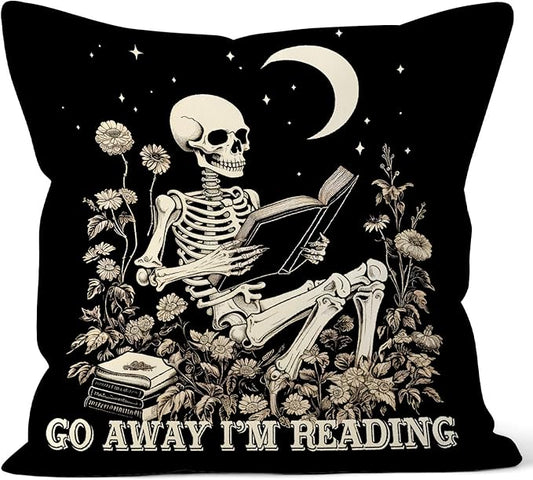 Halloween Skull Reader Pillow Cover - Go Away I’m Reading, Gothic Skull Printing Pillowcase Decoration for Home Sofa, Book Lovers Pillow Cover Gifts for Book Lovers Women Readers (18 x 18 inch)