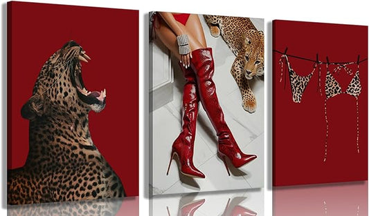 XLYFVLGF 3Pcs Red Fashion Leopard Canvas Wall Art Cheetah Wall Decor Pictures Stylish long boots print Bikini Painting Artwork for Living Room Bedroom Bathroom Corridor Home Decoration 12x16in