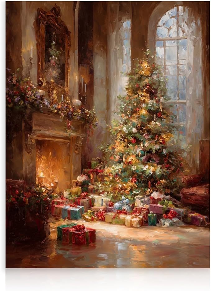 Dazzlewall Christmas Tree Wall Art Print, Oil Painting Piles of Gifts Fireplace Artwork Print Luxury Christmas Tree Decor for Home Gifts for Him Her, 12x16 in Unframed