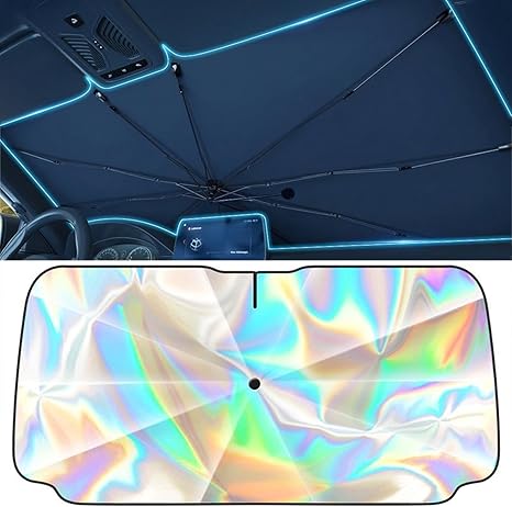 Windshield Sun Shade Umbrella, Foldable Car Umbrella Sunshade, Foldable Sun Visor for Sedan & SUV, Keeps Car Cool, Blocks Heat, 360° Bendable Handle(55" L x 31" W)