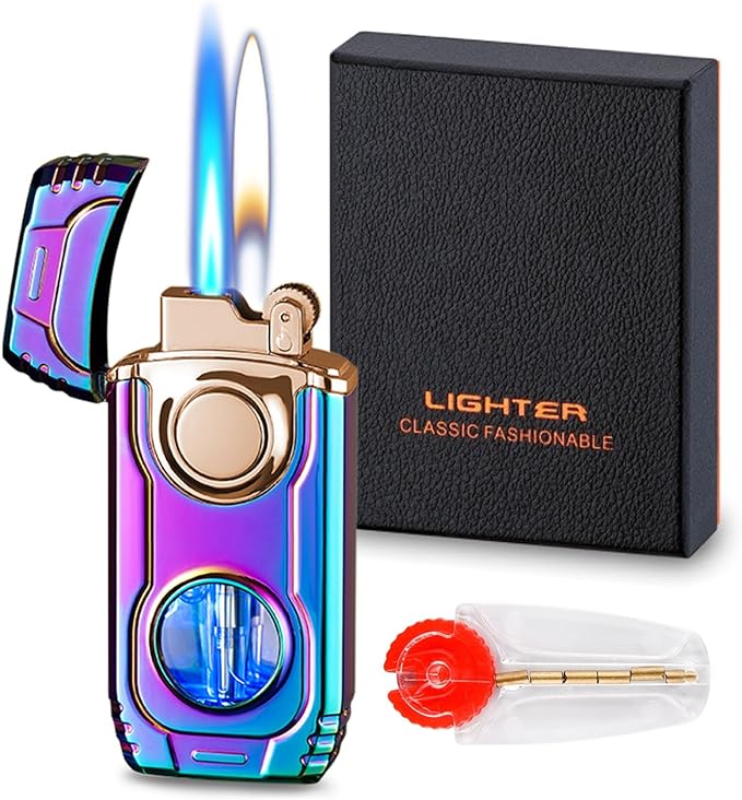 Torch Lighter, Cool Mecha Design Dual Flame Lighter, Refillable Butane Lighter with Visible Gas Window, Windproof Adjustable Jet Flame and Soft Flame, Great Gifts for Men(Without Butane)-Rainbow Ice