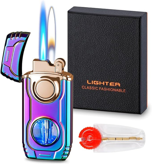 Torch Lighter, Cool Mecha Design Dual Flame Lighter, Refillable Butane Lighter with Visible Gas Window, Windproof Adjustable Jet Flame and Soft Flame, Great Gifts for Men(Without Butane)-Rainbow Ice