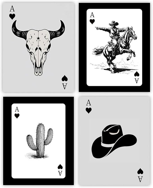 XZMBQ Western Ace of Spades Art Prints Set of 4-Rustic Cowboy Skull, Rodeo Rider, Cactus & Hat Playing Card Posters for Home, Game Room, Man Cave, Dorm Decor, Apartment.(8”x10”, Unframed)(012)