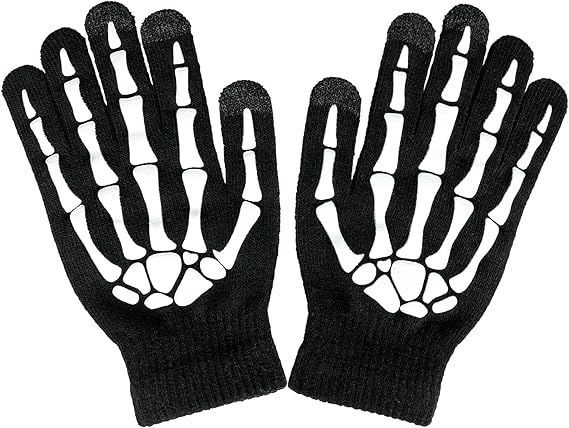 Thickened Glowing Skeleton Gloves,Touch Screen Unisex Full Finger Gloves,Halloween Winter Gloves for Cosplay