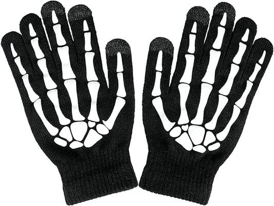 Thickened Glowing Skeleton Gloves,Touch Screen Unisex Full Finger Gloves,Halloween Winter Gloves for Cosplay