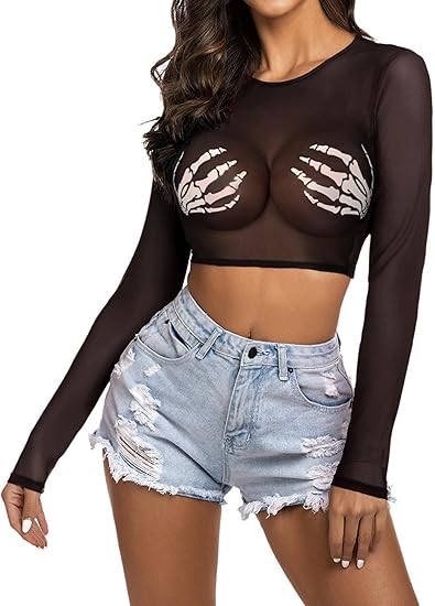 Women Mesh Crop Top Long Sleeve See Through Shirt Sheer Blouse O Neck Clubwear S-4XL