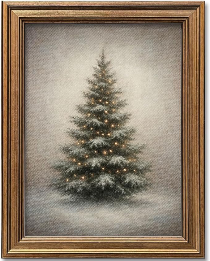 Gold Framed Vintage Christmas Tree Canvas Wall Art Farmhouse Rustic Pine Tree Winter Print Botanical Holiday Decor for Living Room Bedroom Entryway (Vintage Christmas Tree, 12L" x 9.5W")