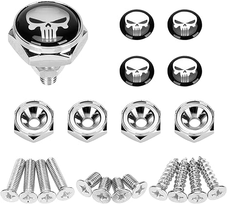 License Plate Screws Fastener Kit, Rustproof Stainless Steel License Plate Screws with Covers for Fastening License Plates or Frames of Most Cars, Trucks and Motorcycles (Black Skull)…