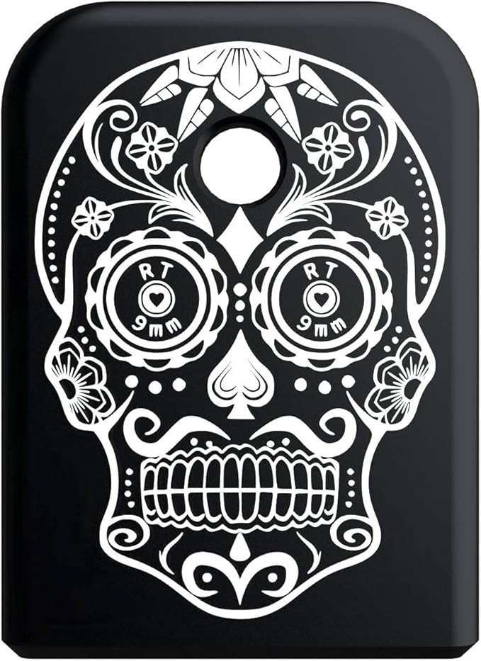 Magazine Base Plate for Glock Gen 1-5 - Black (Flat Sides) Rowe Sugar Skull Graphic - Fits 9mm .40 Cal .357 Sig 45 Gap