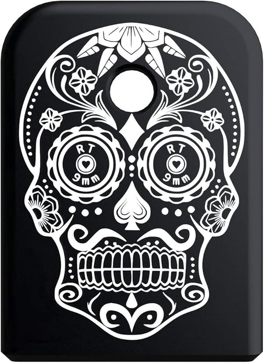 Magazine Base Plate for Glock Gen 1-5 - Black (Flat Sides) Rowe Sugar Skull Graphic - Fits 9mm .40 Cal .357 Sig 45 Gap