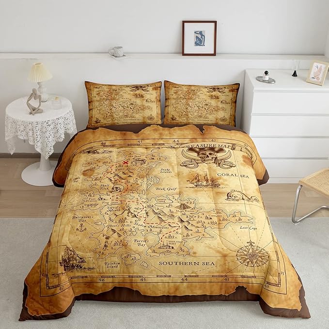 Feelyou Nautical Island Map Soft Comforter Set Kids Vintage Old Map Pirate Ship Bedding Set Ocean Ancient Pirate Skull Quilt Set Decor Bedroom Collection 3Pcs Full Size