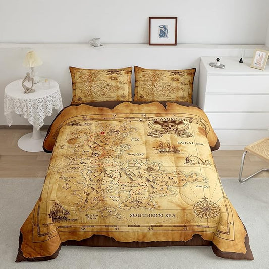 Feelyou Nautical Island Map Soft Comforter Set Kids Vintage Old Map Pirate Ship Bedding Set Ocean Ancient Pirate Skull Quilt Set Decor Bedroom Collection 3Pcs Full Size