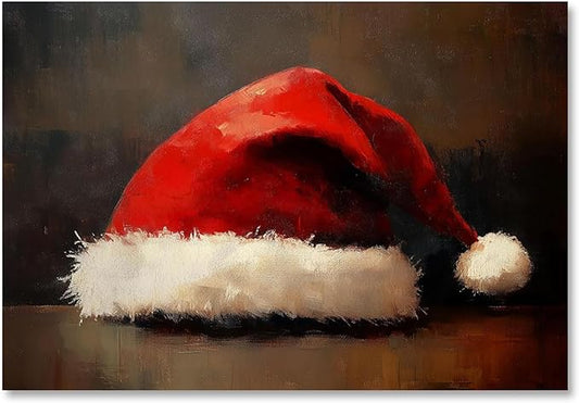 Yermidi Vintage Santa Hat Canvas Wall Art Minimalist Christmas Pictures Wall Decor Festive Rustic Farmhouse Xmas Poster Print Cozy Holiday Artwork for Bedroom Living Room Fireplace 8x12inch Unframed