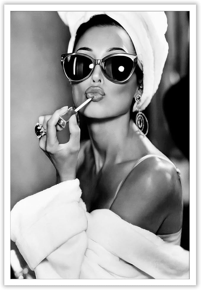 Audrey Hepburn Black & White Canvas Wall Art - Vintage Makeup Lipstick Print, Bathroom Decor, Retro Hollywood Artwork For Living Room & Bedroom Wall Decor 16x24in Unframed