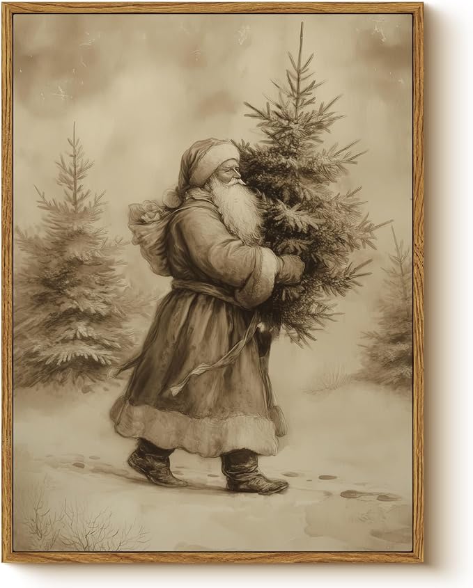 WHASAYART Vintage Santa Claus Carrying Christmas Tree Wall Art, Retro 12x16 Framed Canvas Print, Rustic Sepia Tone Santa with Pine Tree Artwork, Classic Winter Holiday Entryway Bedroom Home Décor