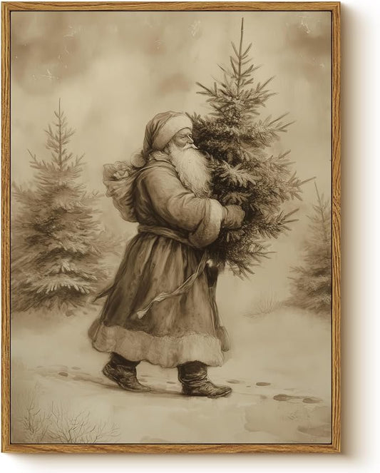 WHASAYART Vintage Santa Claus Carrying Christmas Tree Wall Art, Retro 12x16 Framed Canvas Print, Rustic Sepia Tone Santa with Pine Tree Artwork, Classic Winter Holiday Entryway Bedroom Home Décor