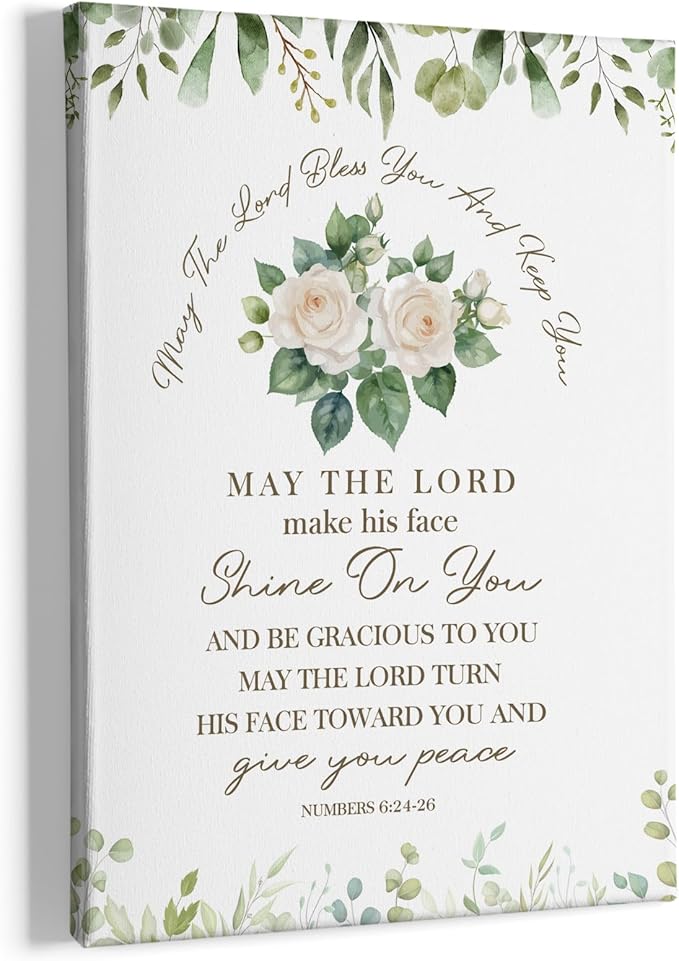 HIWX Christian Numbers 6:24-26 Wall Decor, Bible Verse Eucalyptus Floral Framed Canvas Painting Wall Art Decor, Religious Scripture Floral Wall Art Home Decoration for Home Bedroom Church, 11x14