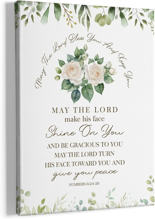 HIWX Christian Numbers 6:24-26 Wall Decor, Bible Verse Eucalyptus Floral Framed Canvas Painting Wall Art Decor, Religious Scripture Floral Wall Art Home Decoration for Home Bedroom Church, 11x14
