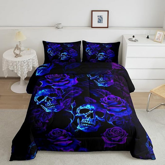 Feelyou Sugar Skull Comforter Set Queen Size Purple Blue Rose for Kids Boys Girls Teens Toddler Bedding Set Gothic Skull Duvet Set Scary Quilt Set 3Pcs