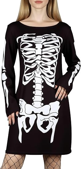 Halloween Skeleton Dress for Women Long Sleeves Funny Stretchy Midi Dresses S-XXL