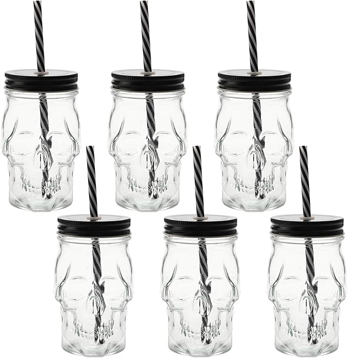 TOPZEA 6 Pack Mason Jars Mugs, 16 oz Glass Skull Mason Drinking Mugs Tumbler Cup with Straws Old Fashioned Jar Drinking Glasses Heavy Base for Beverage, Brandy, Liquor, Jello